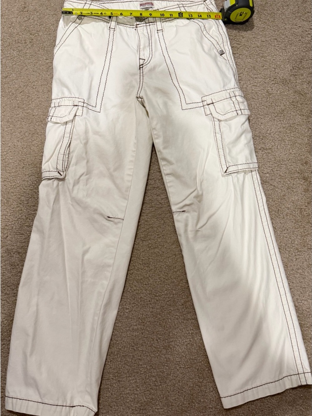 True Religion Off-White Cargo Pants with Contrast Stitching